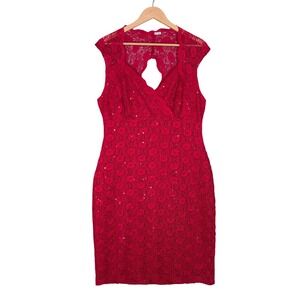 Connected Apparel Women's Red Sequin Lace Faux Wrap Sheath Dress 14